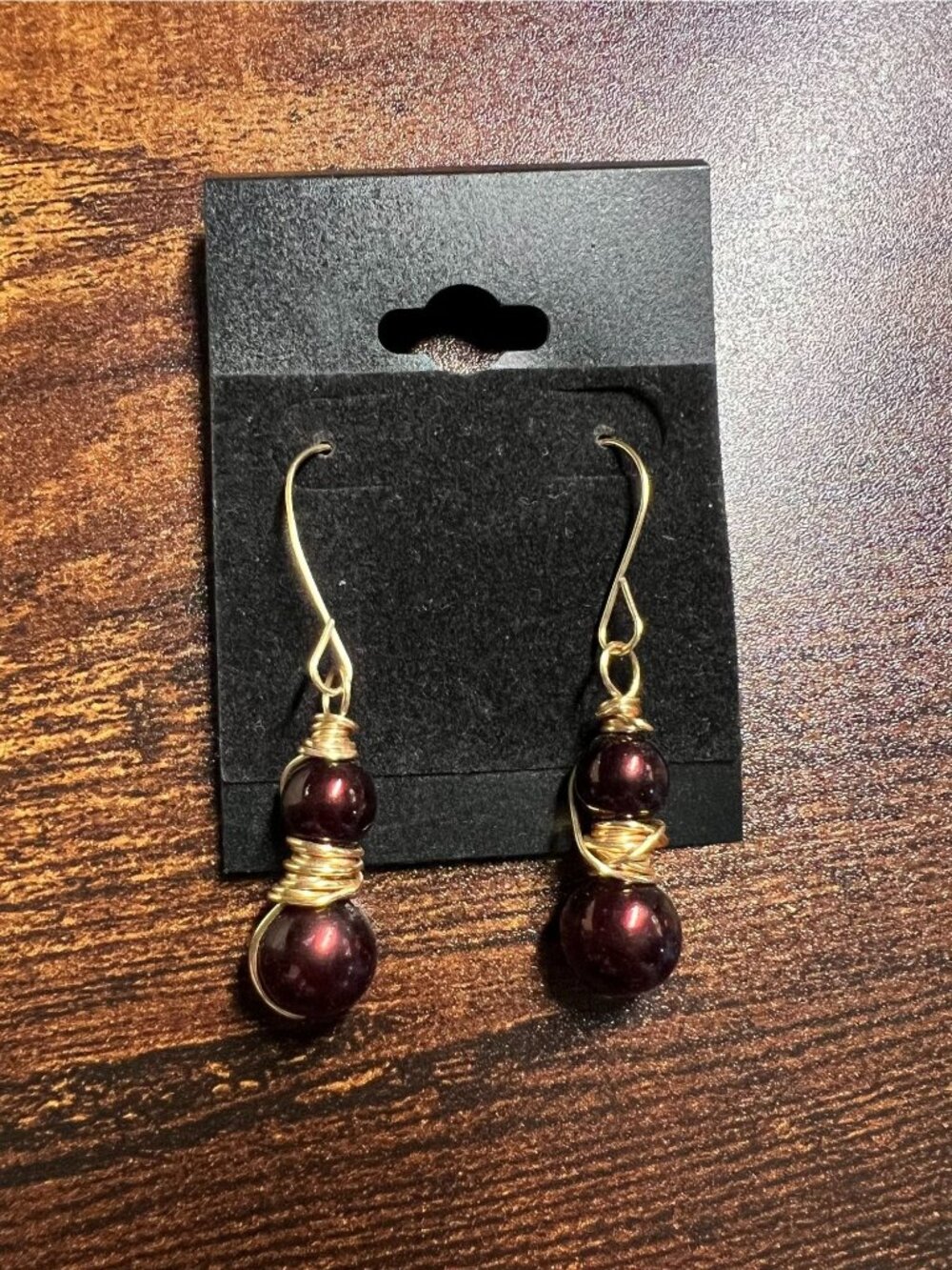 Handmade Gold Wire Wrap Earrings With Burgundy / Brown Beads - Dangle Style - El
